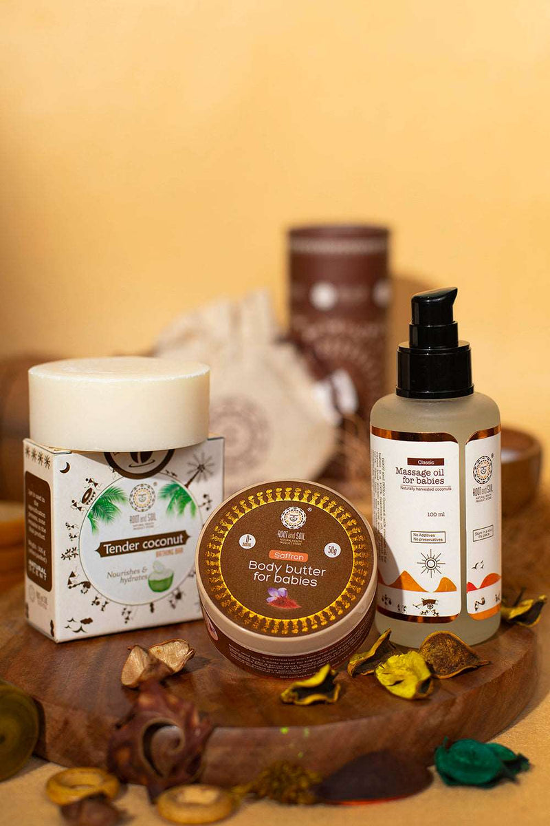 Baby Dry Skin Combo Coconut milk massage oil Classic 100ml Tender coconut absolute bathing bar Body butter Saffron 50 g