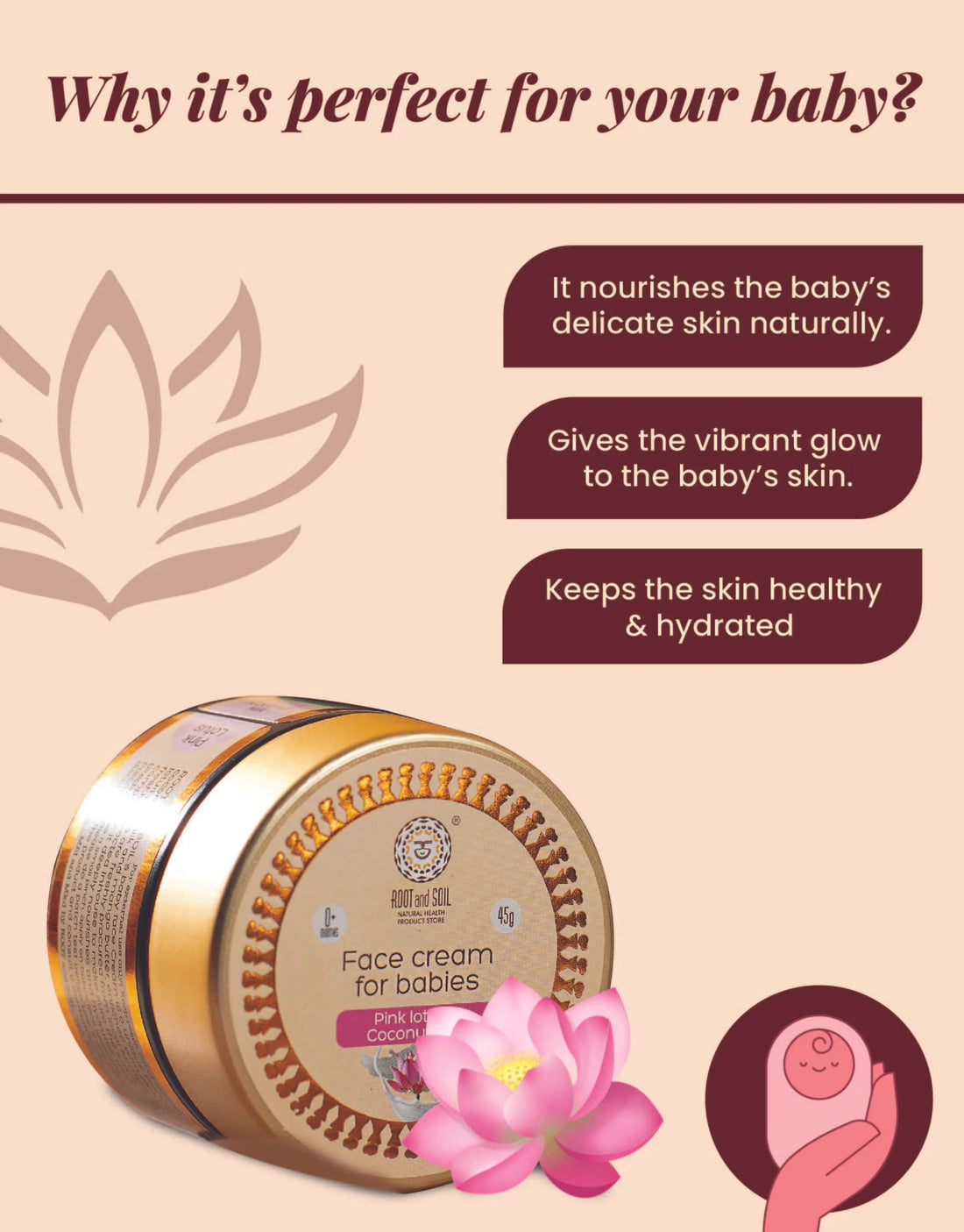 Pink Lotus & Coconut milk Face cream for babys - 45 g (3+ months to 8 years) Light weight Non greasy formula