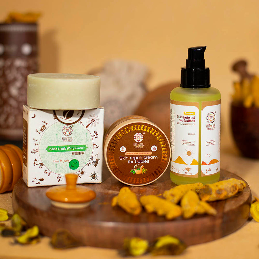 Baby Skin Repair Combo - Massage oil turmeric 100ml + Indian nettle bathing bar 100g + Skin repair cream 50g