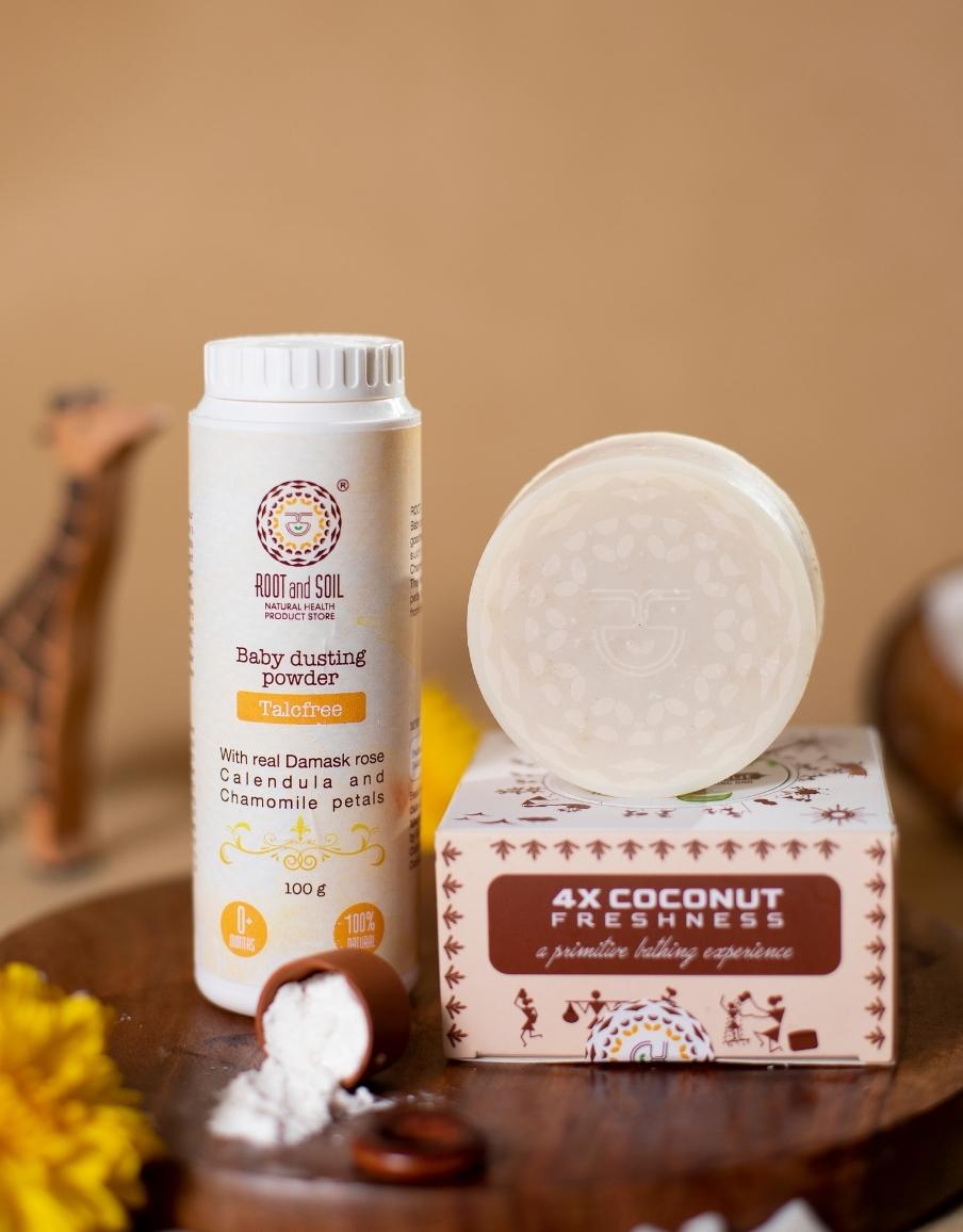 Baby Oily Skin Combo - Tender Coconut Absolute Bathing Bar 100g + Baby dusting Powder Damask Rose